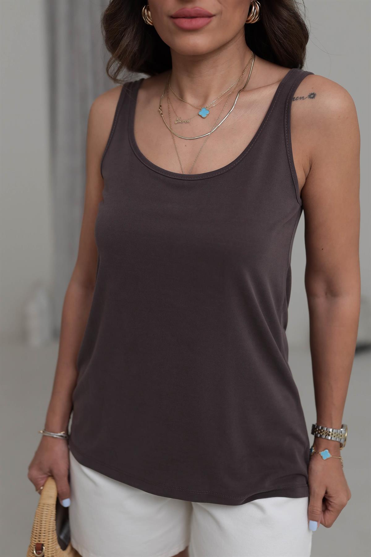 1121 Kalın Askılı Yumuşak Dokulu Dökümlü Atlet KAHVE