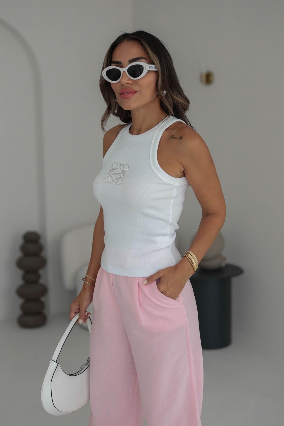 Taş İşlemeli Fitilli Halter Yaka Atlet