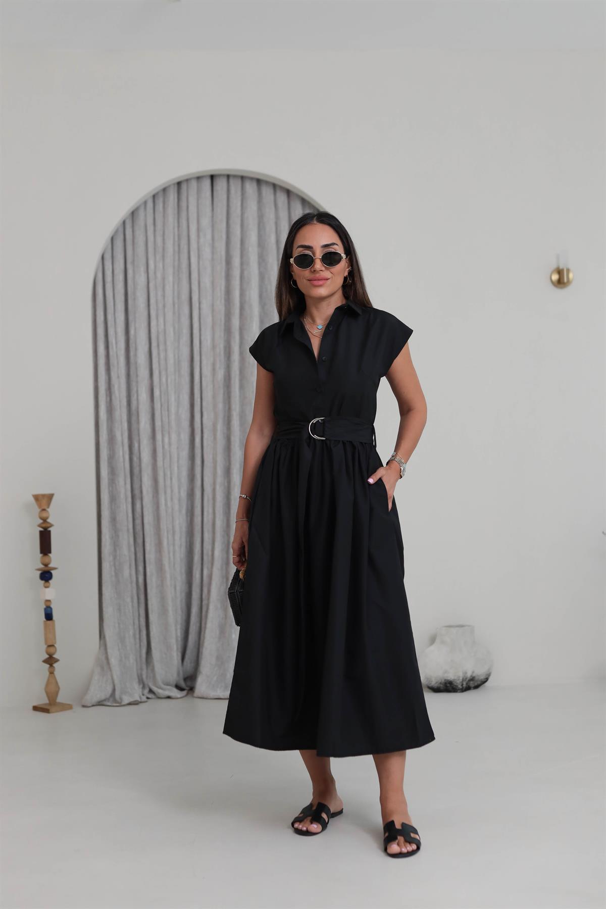 501 Polo Yaka Düğmeli Kuşaklı Uzun Elbise SİYAH