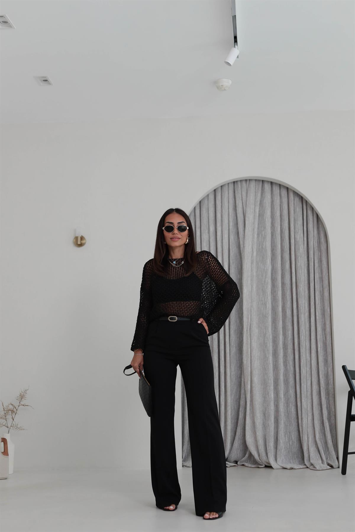 9011K Kemerli Likralı Palazzo Pantolon SİYAH