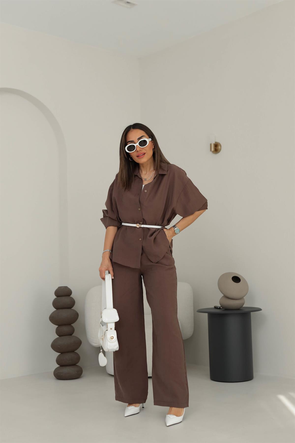 8557 Tencel Kumaş Gömlekli Takım KAHVE