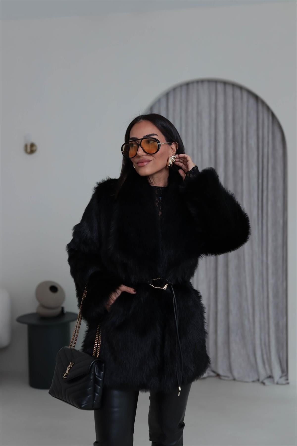 Yakalı Kemerli Suni Kürk Kaban SİYAH