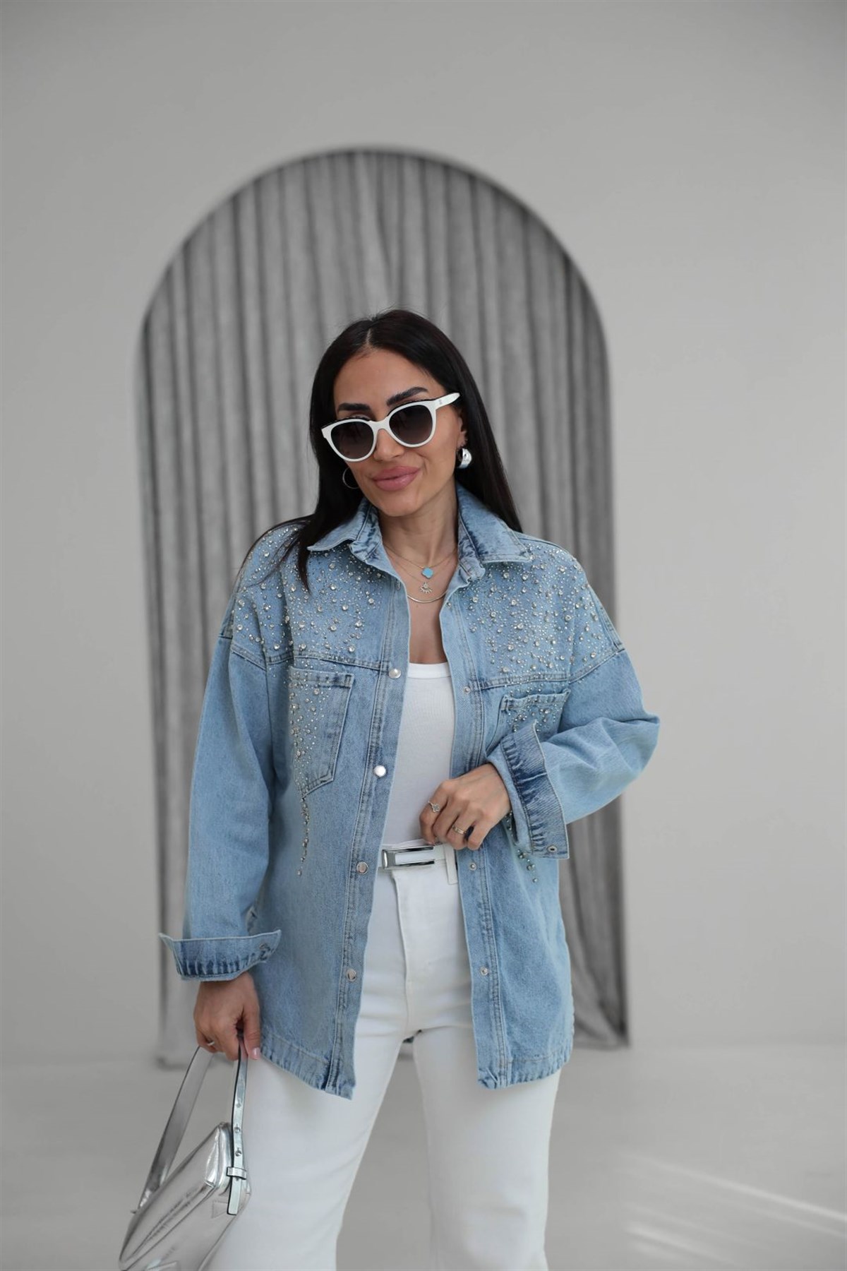 9419 Çıtçıtlı Full Taşlı Kot Gömlek Ceket AÇIK MAVİ