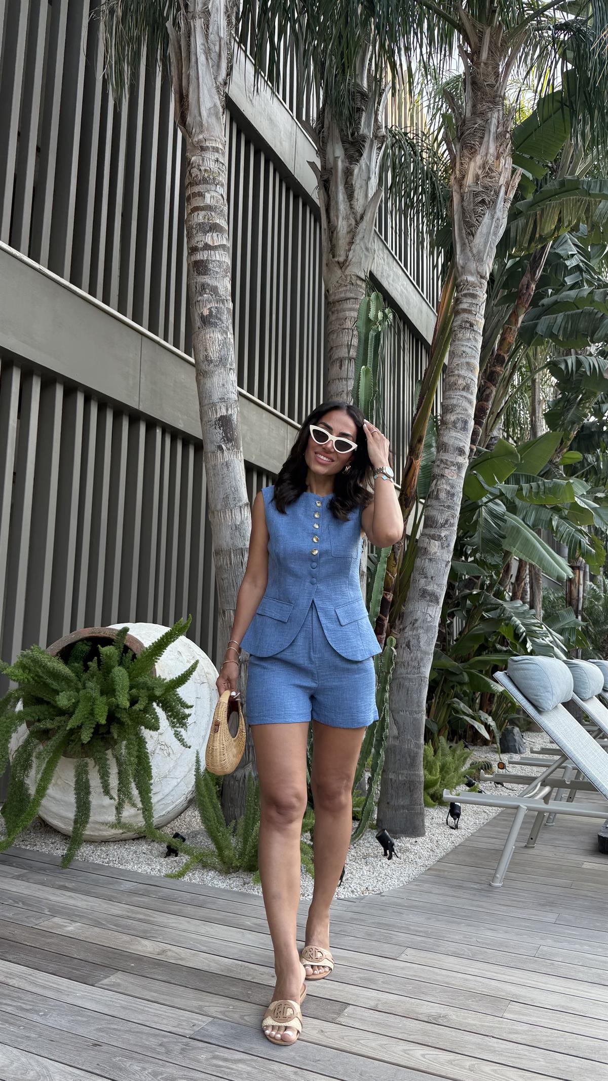 0284 Düğme Detaylı Dokuma Yelek & Şort Takım Indigo