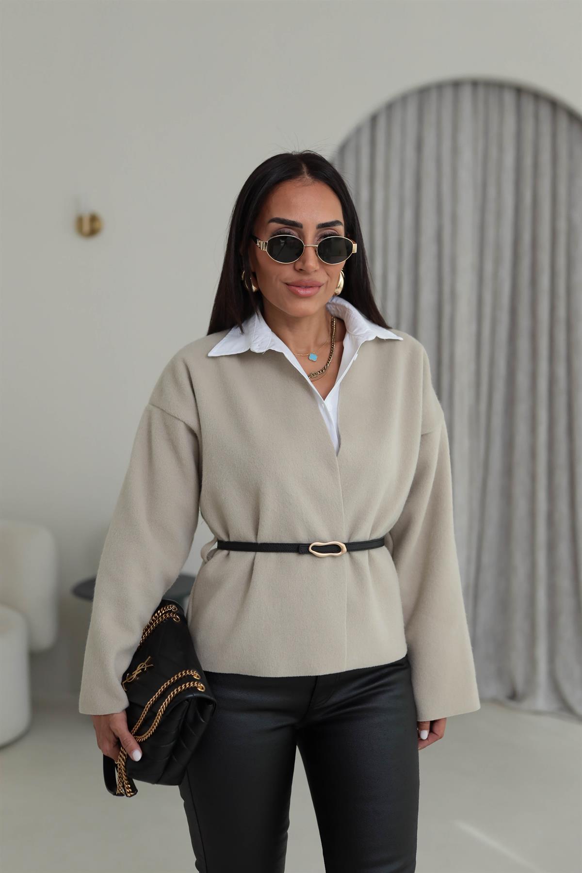 2223 Kemer Detaylı Kaşe Ceket TAŞ