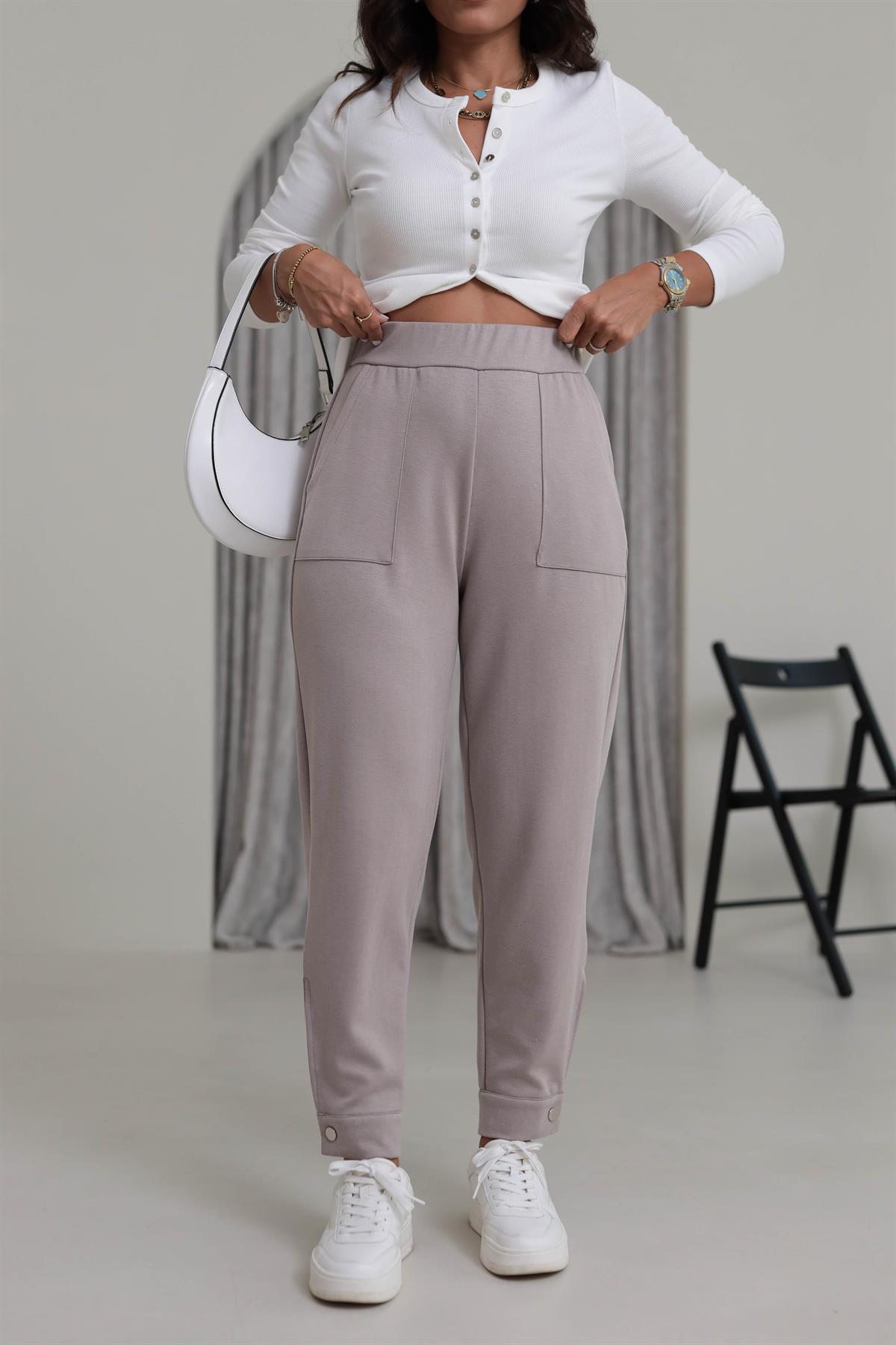 4591 Paçası Düğme Detaylı Cepli Modal Pantolon VİZON