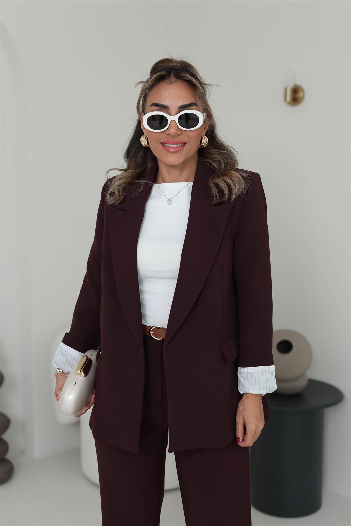 9134K Kolu Katlamalı Çizgili Astarlı Ceket BORDO