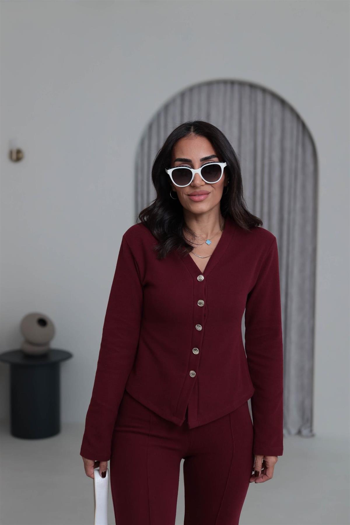 Gold Düğmeli V Yaka Selanik Hırka Takım BORDO