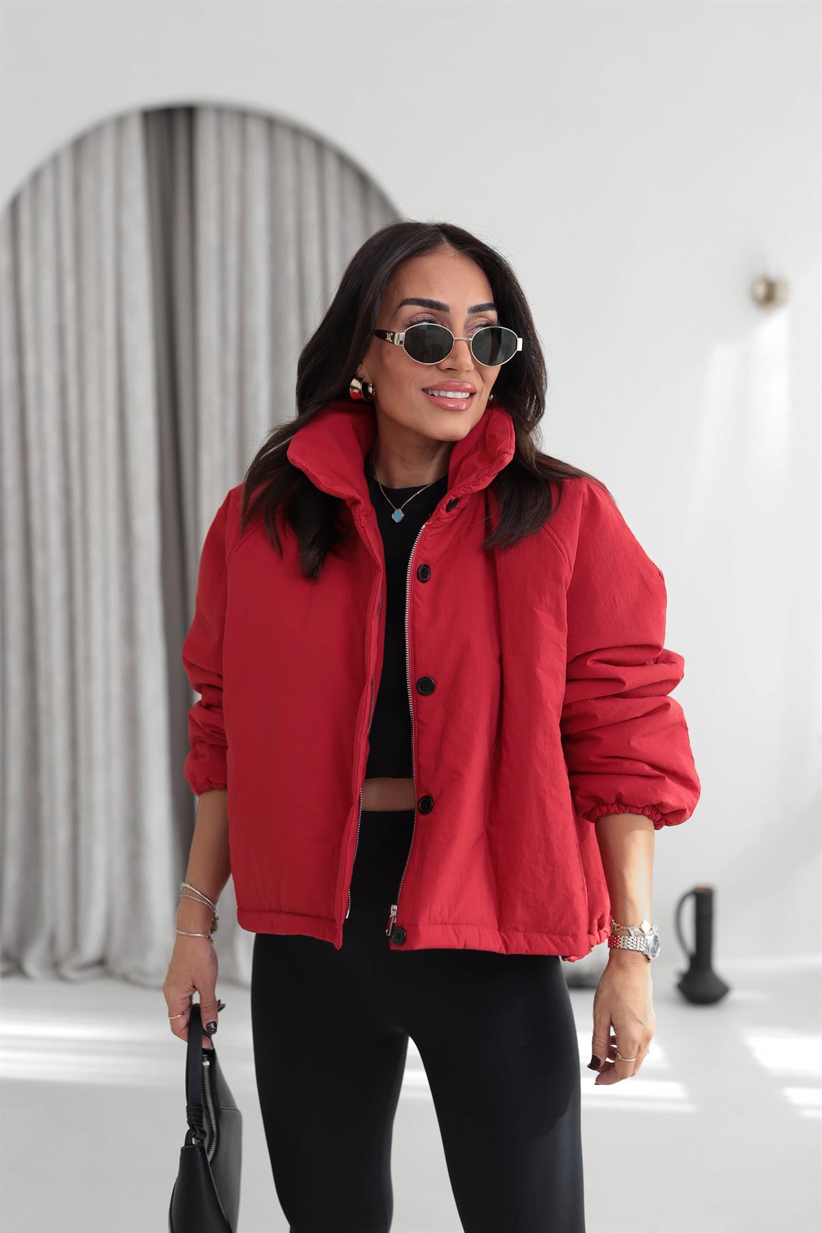 6862 Bel Büzgülü Düğme Detaylı Dik Yaka Oversize Mont KIRMIZI