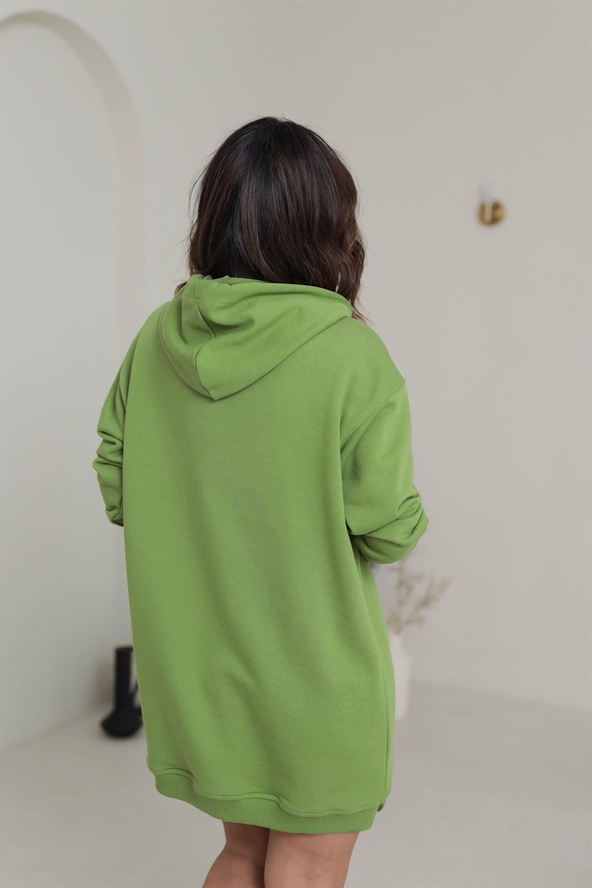 1231 Kapşonlu Sweat Elbise FISTIK YEŞİLİ