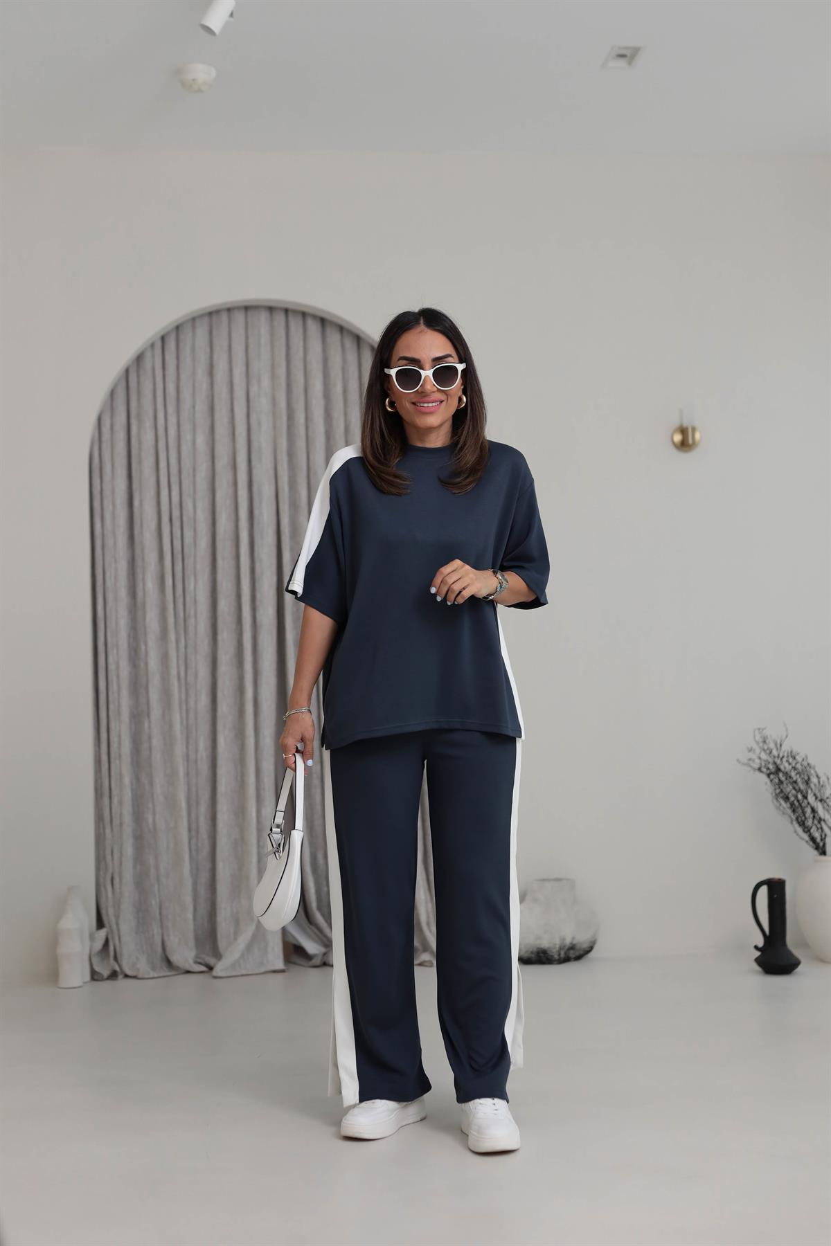 3417 Kontrastlı Paça Yırtmaçlı Rahat Modal Takım ANTRASİT