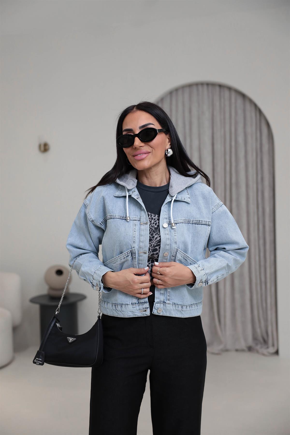 5039 Penye Kapüşonlu Kot Ceket BUZ MAVİ