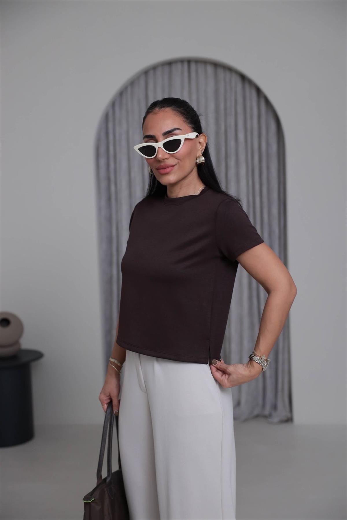 1120 Bisiklet Yaka Kısa Modal Tshirt ACI KAHVE