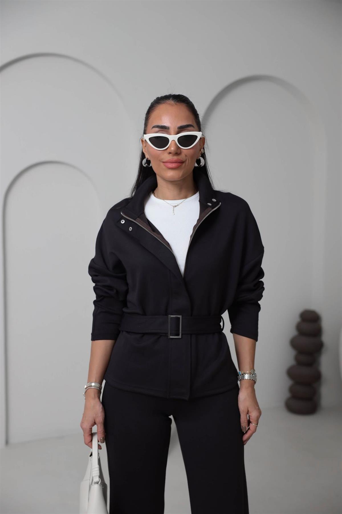 8616 Fermuarlı Kuşaklı Çıtçıt Detaylı Modal Takım ACI KAHVE