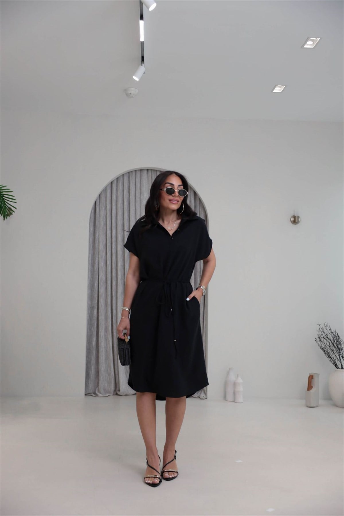 7541 Polo Yaka Tencel Kumaş Elbise SİYAH