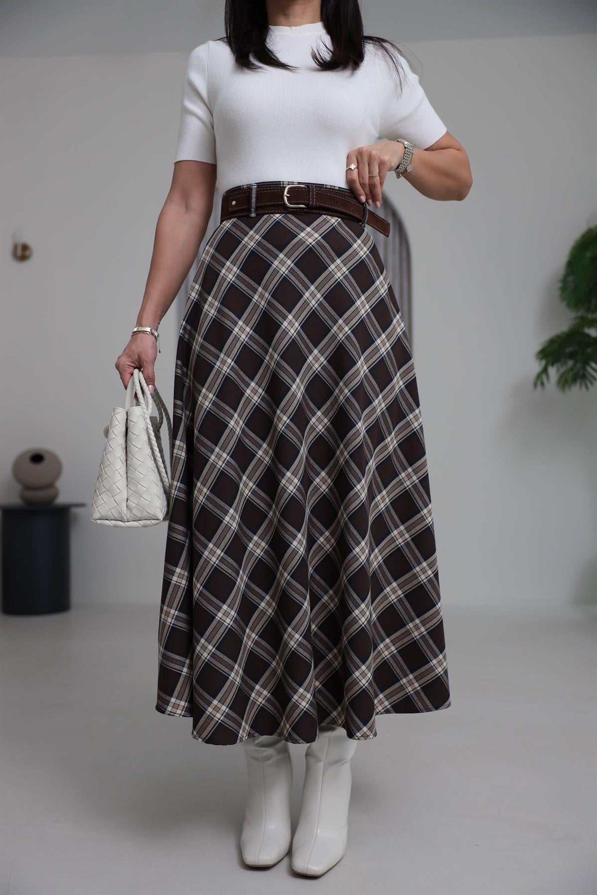 8461 Süet Kemerli Ekose Maxi Etek KAHVE