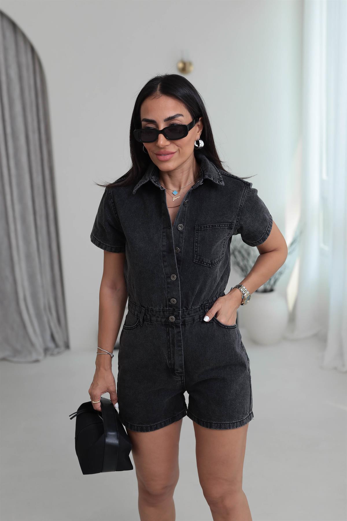 068 Kısa Kol Cep Detaylı Jean Tulum SİYAH