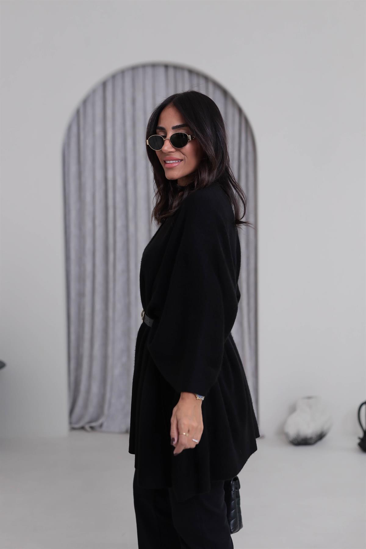 6840 Kemerli Triko Panço Şal SİYAH