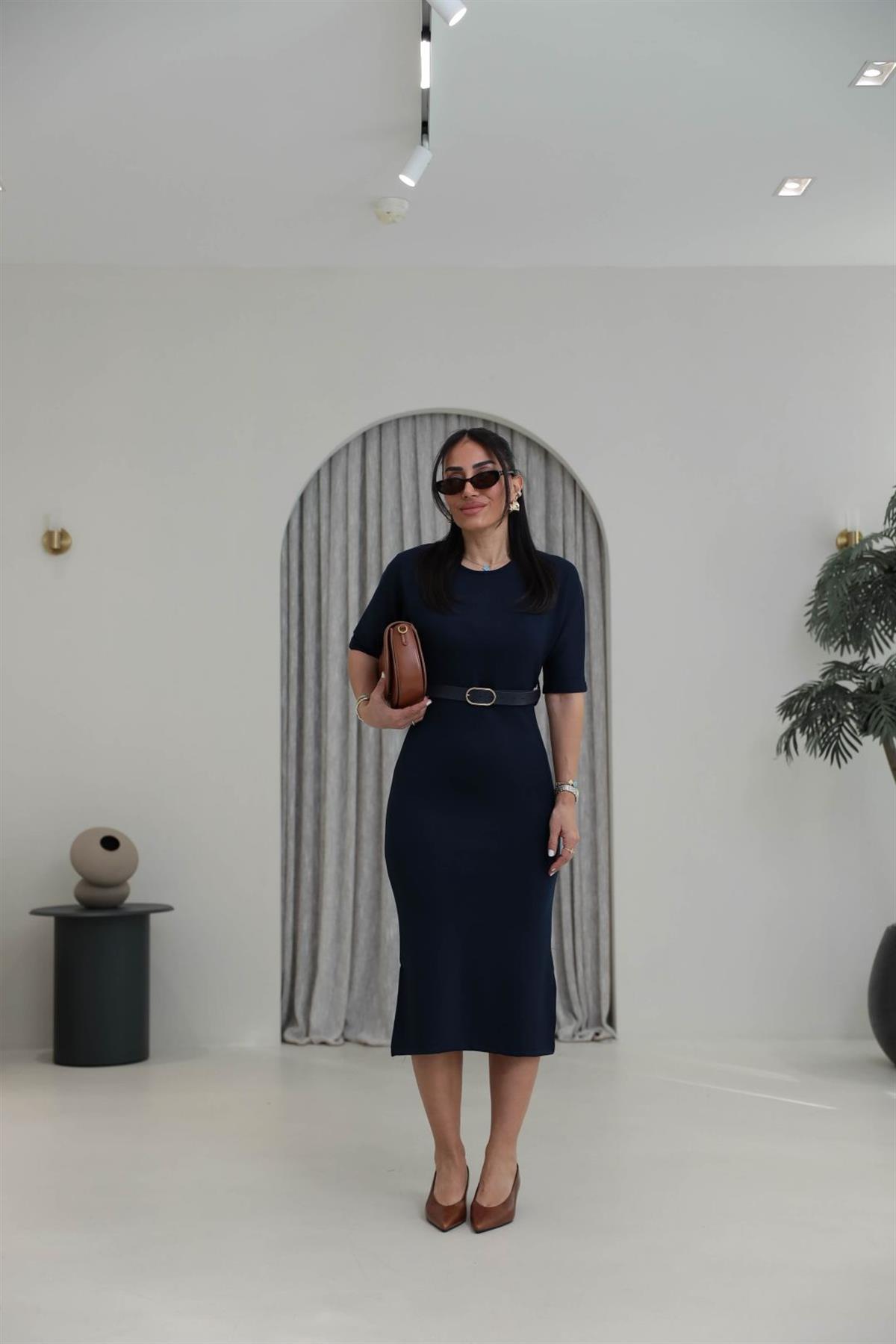 1484 Kemerli Modal Elbise LACİVERT