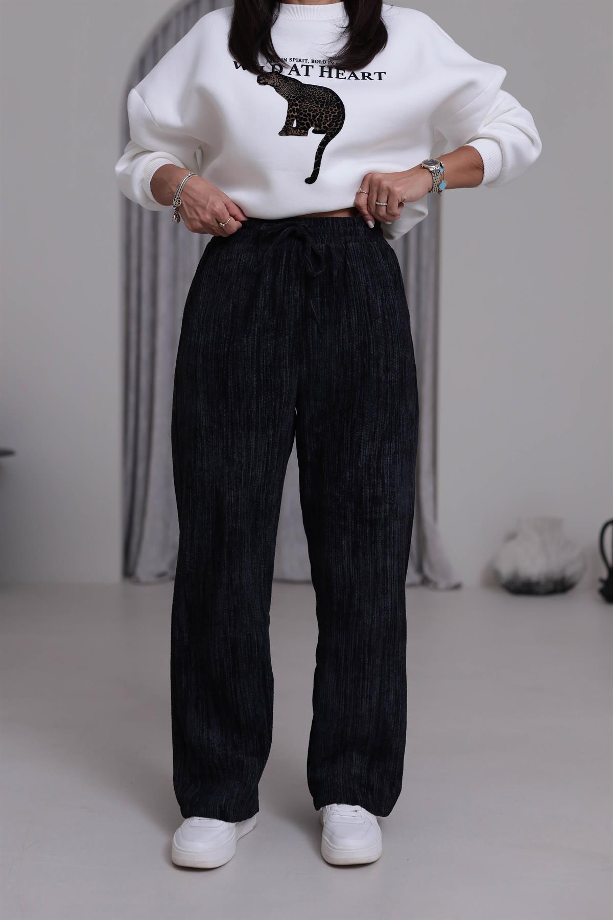 1183 Eskitme Efektli Bel Lastikli Kadife Pantolon SİYAH