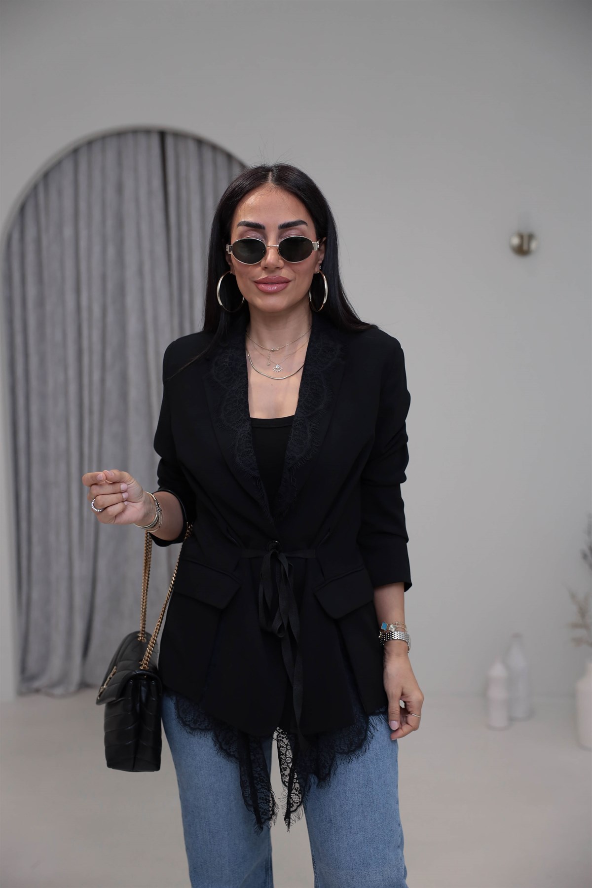7241 Kuşaklı Dantel Detaylı Blazer Ceket SİYAH