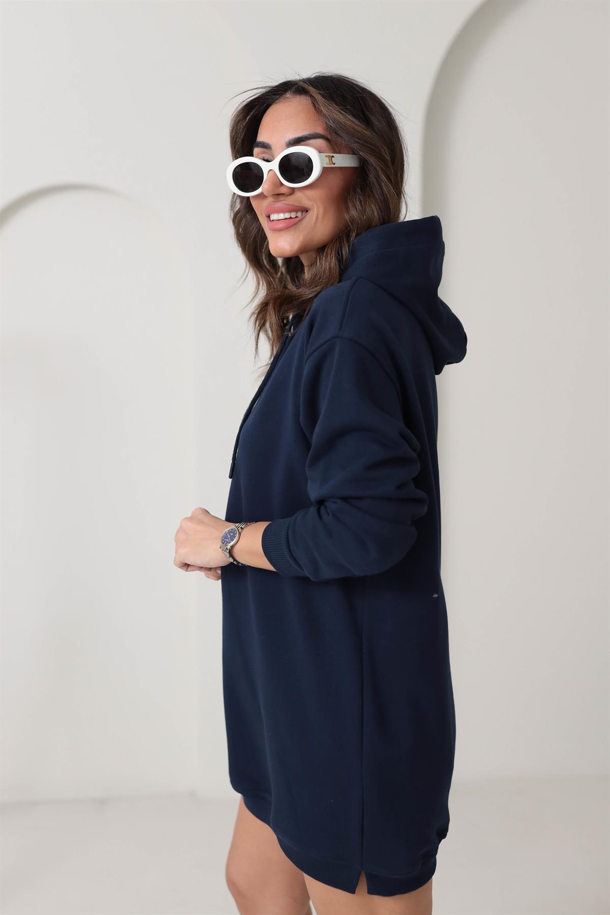 1231 Kapşonlu Sweat Elbise LACİVERT