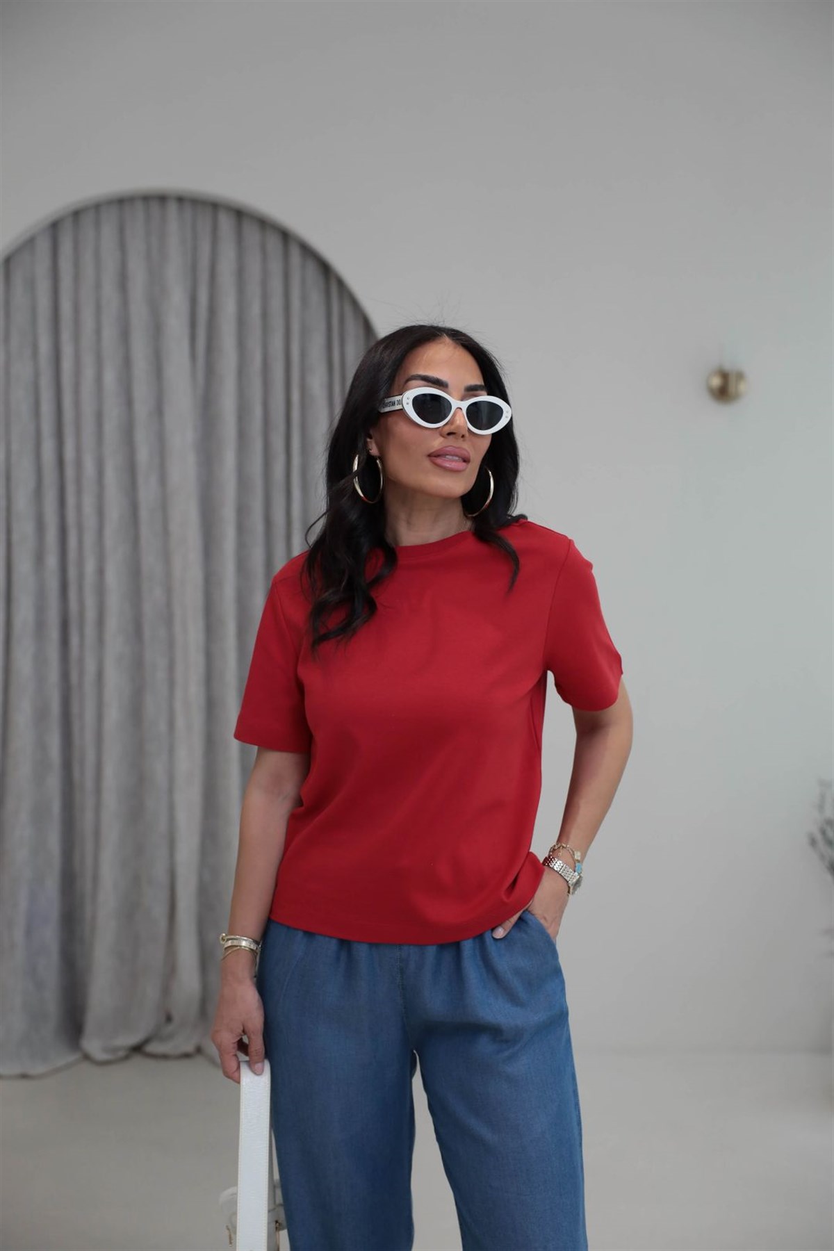 6074 Bisiklet Yaka Pamuklu Basic Tshirt KIRMIZI