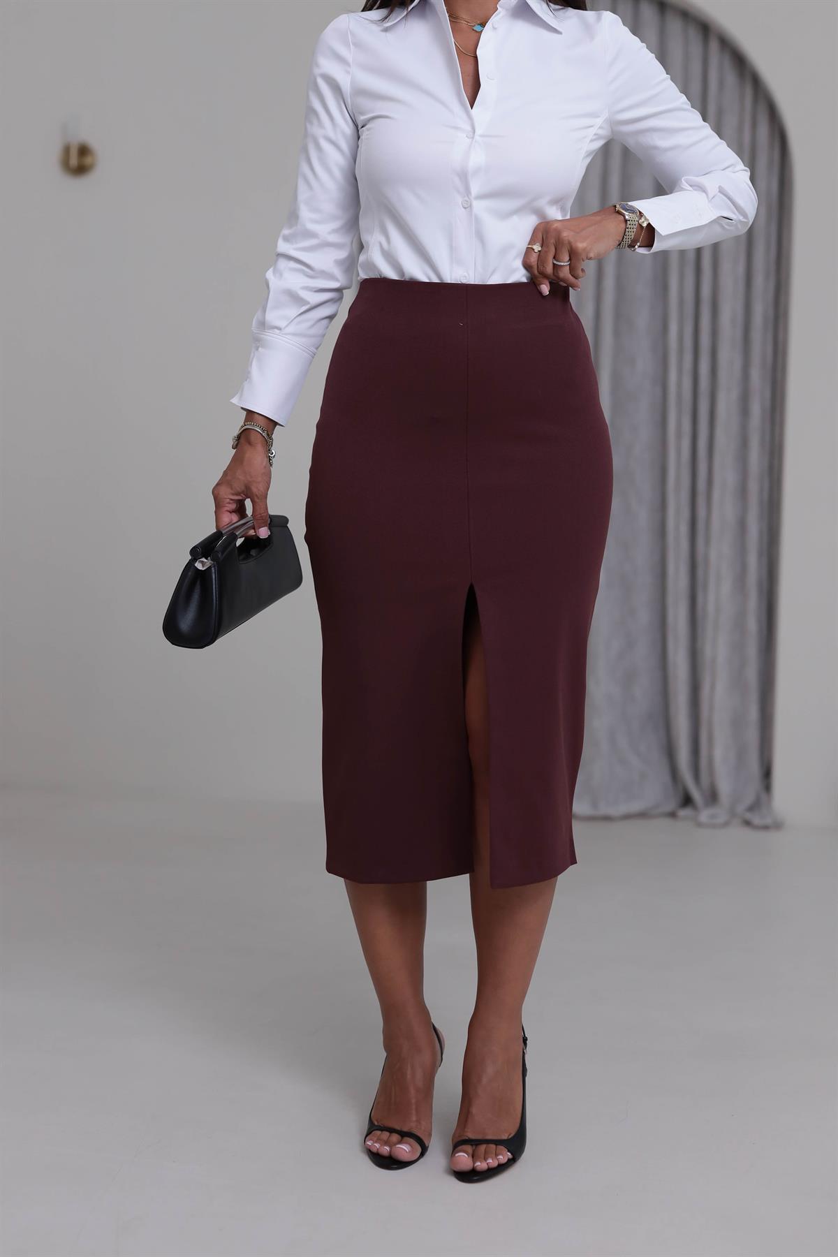 4866K Önden Yırtmaçlı Kalem Etek BORDO