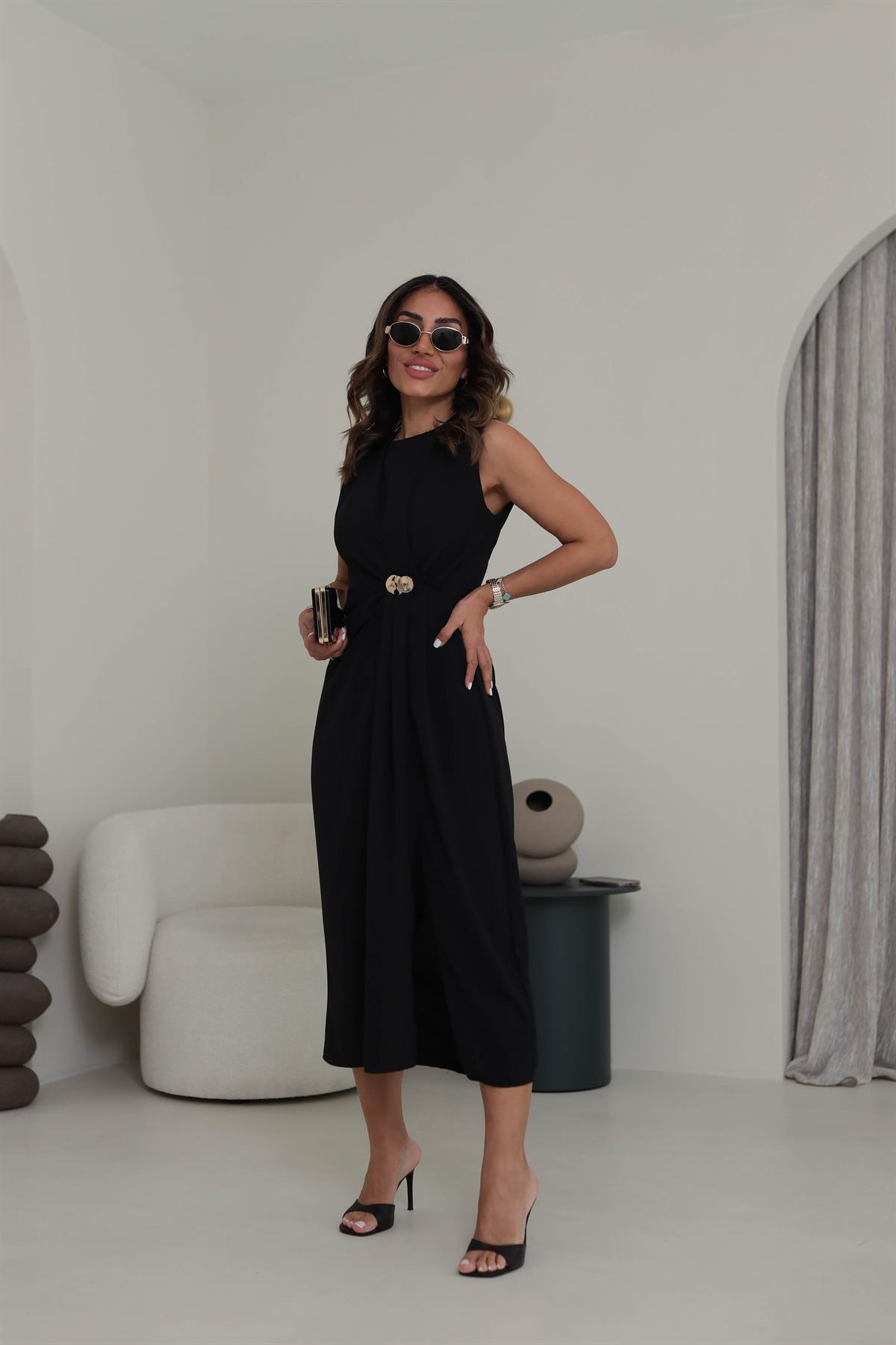 3718 Gold Broşlu Kolsuz Midi Elbise SİYAH