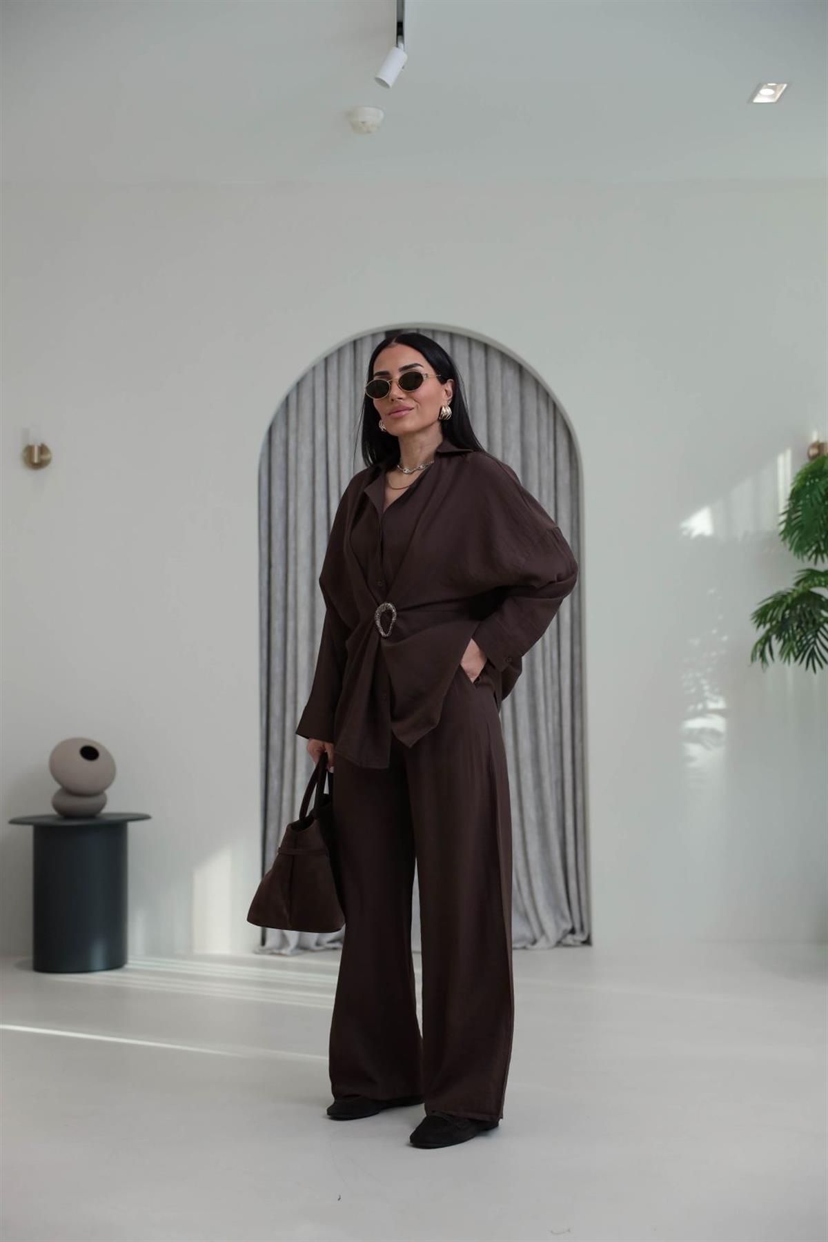 7091 Broş Detaylı Gömlek Pantolon Takım KAHVE