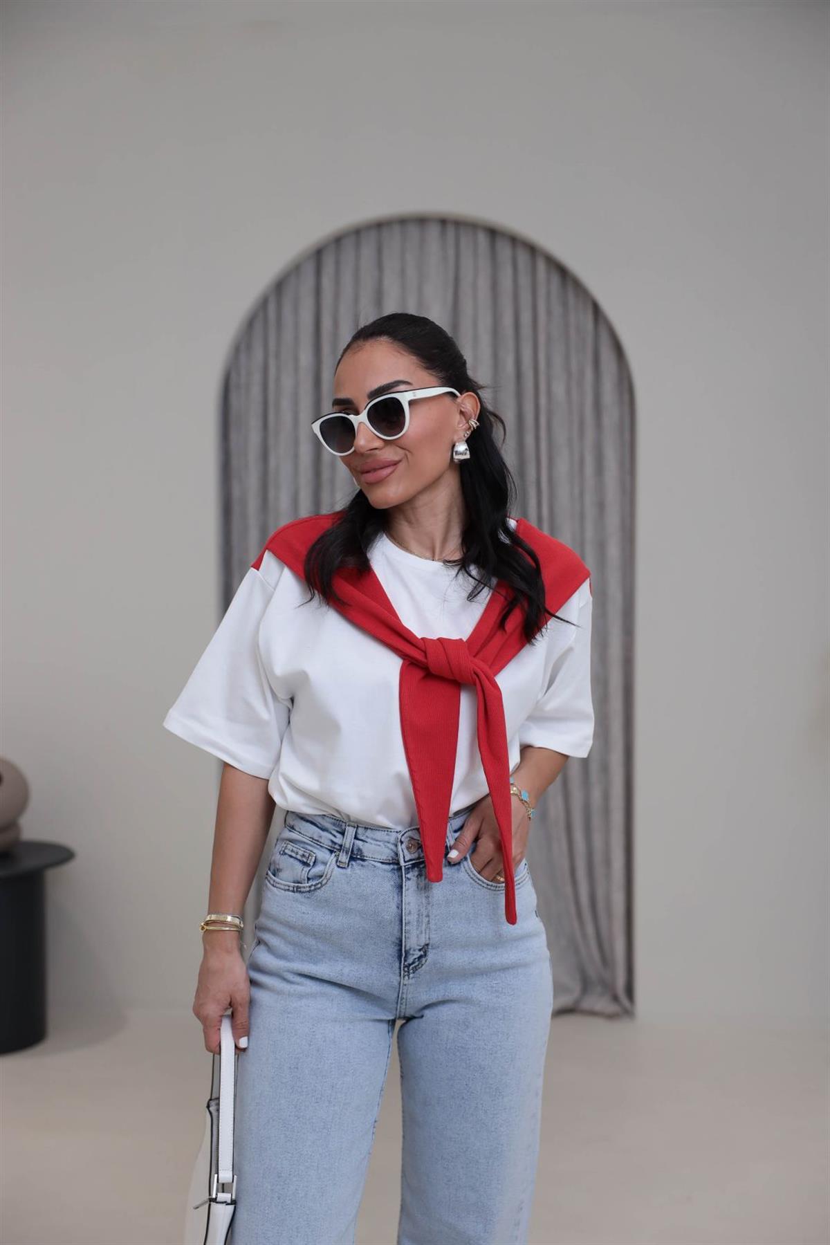 0688 Şal Detaylı Pamuklu Tshirt KIRMIZI