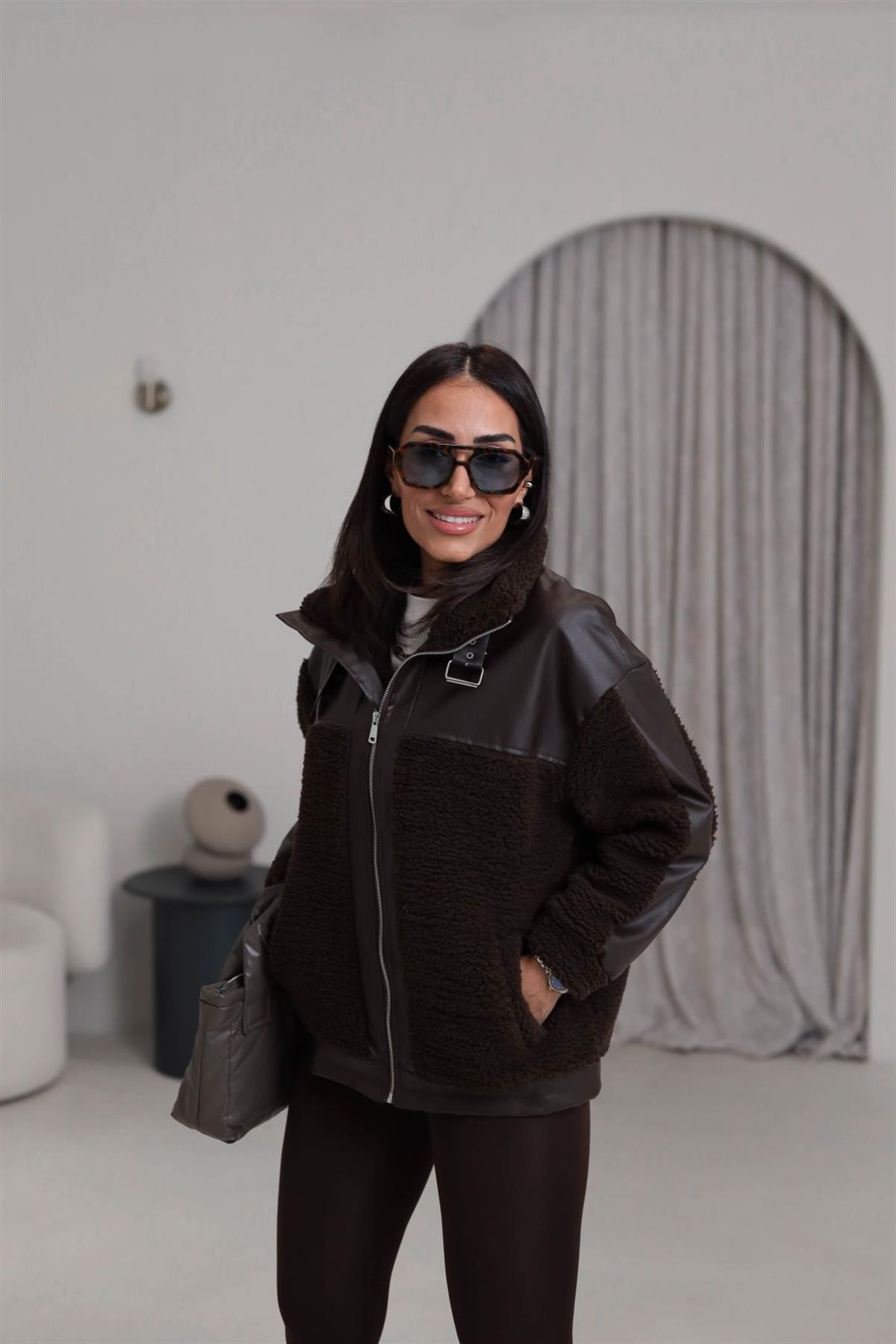 2631 Deri Garnili Kemer Detaylı Teddy Mont ACI KAHVE