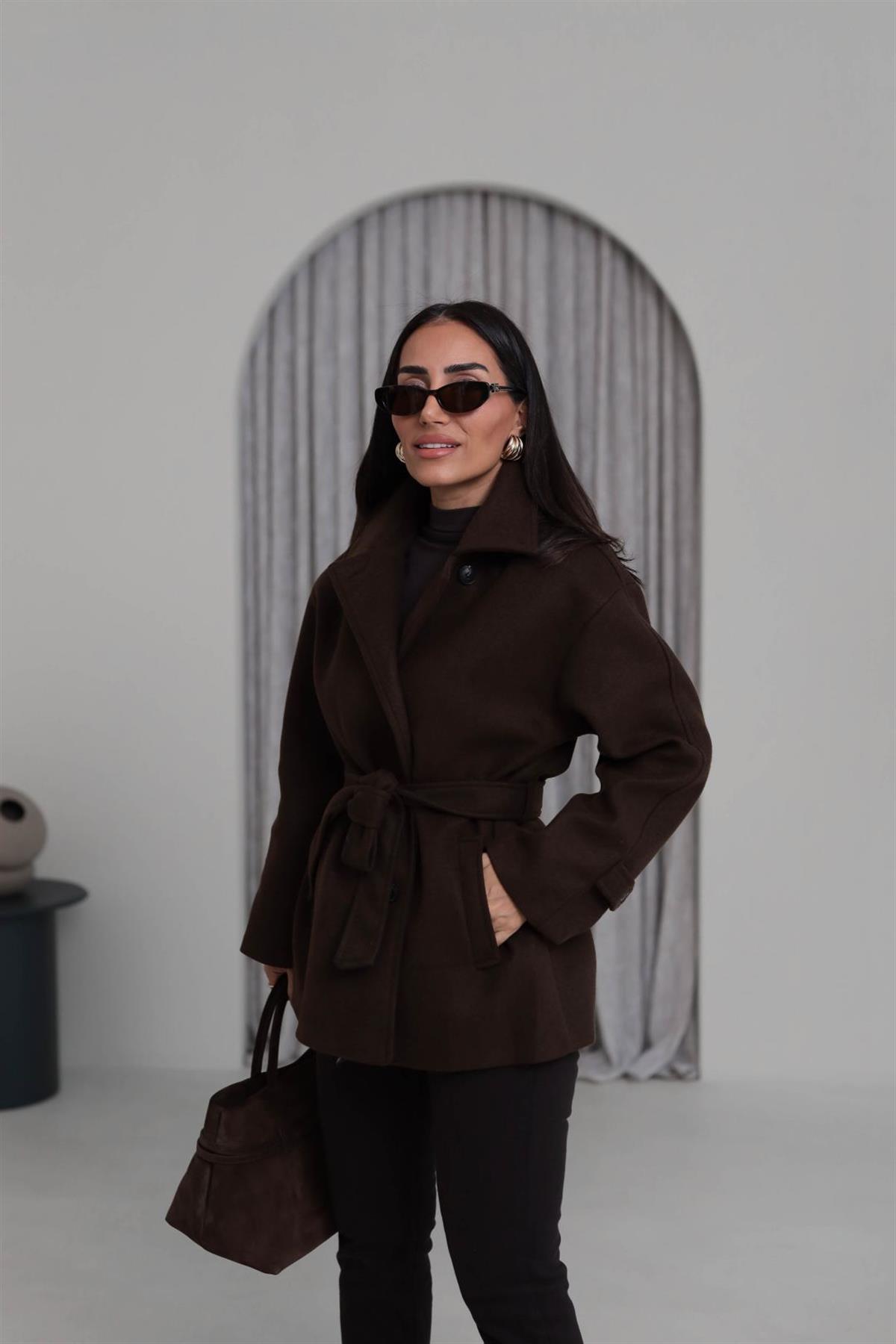 0646 Kuşaklı Yakalı Kaşe Kaban KAHVE