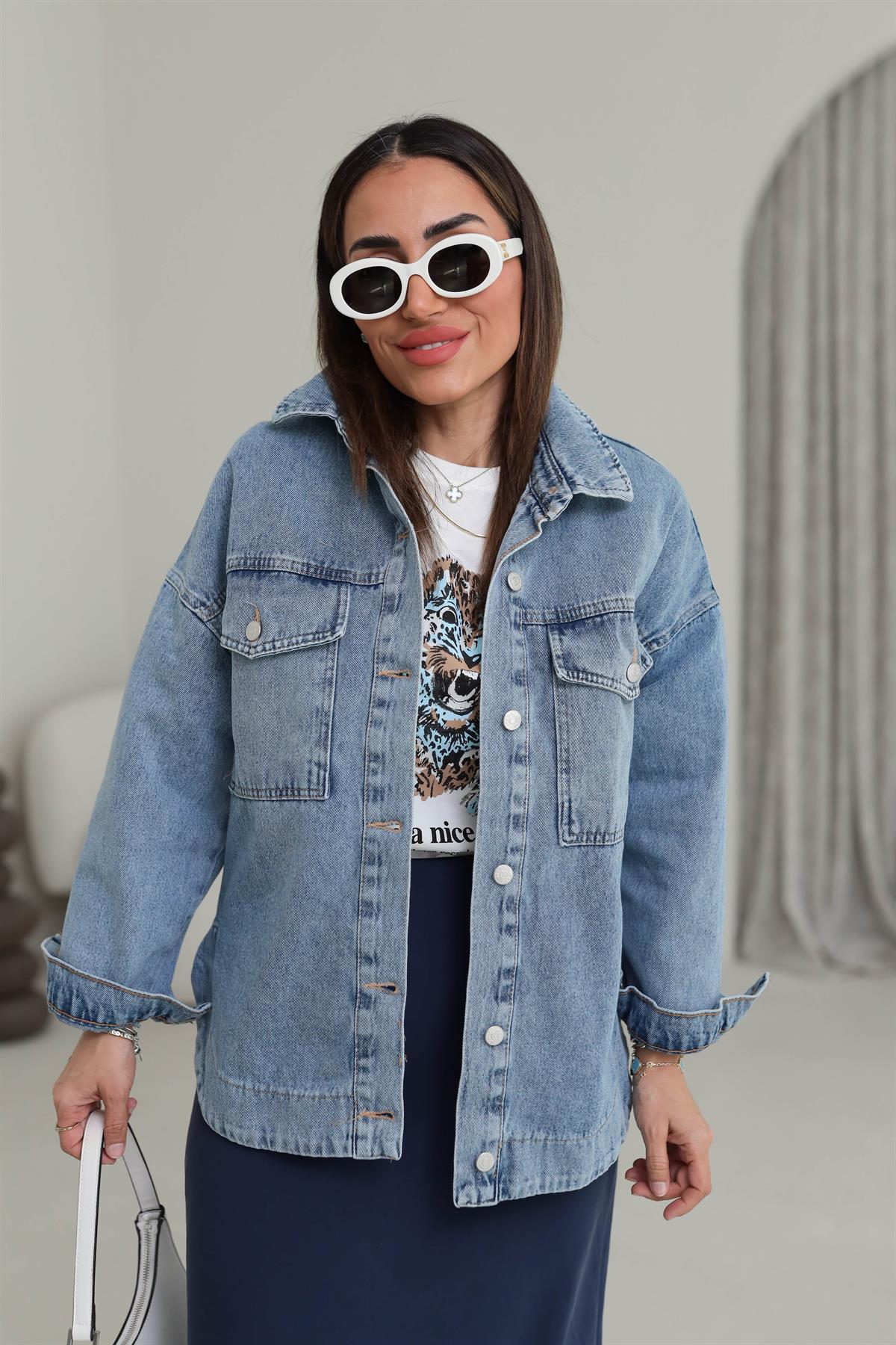 4745 Oval Etek Detaylı Denim Ceket AÇIK MAVİ
