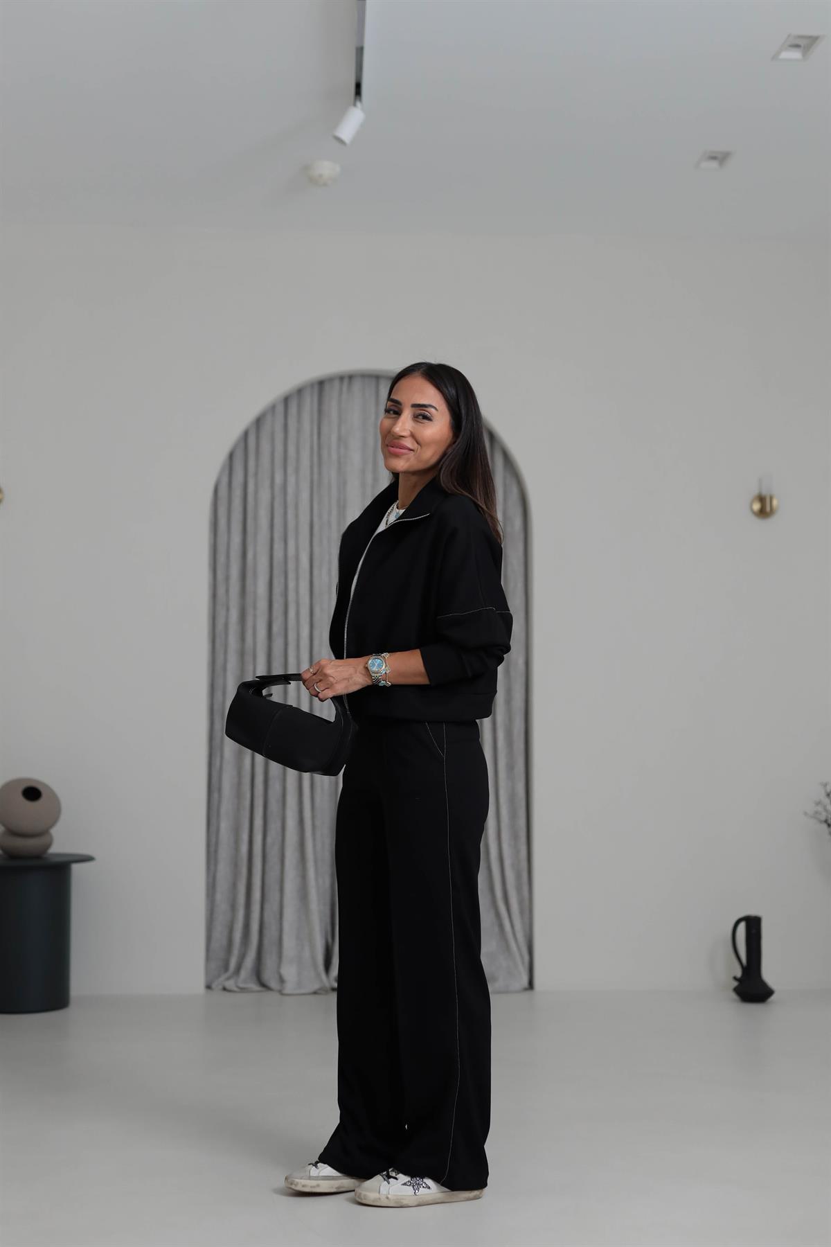 2378 Ceketi Fermuarlı Zincir Detay Modal Takım SİYAH