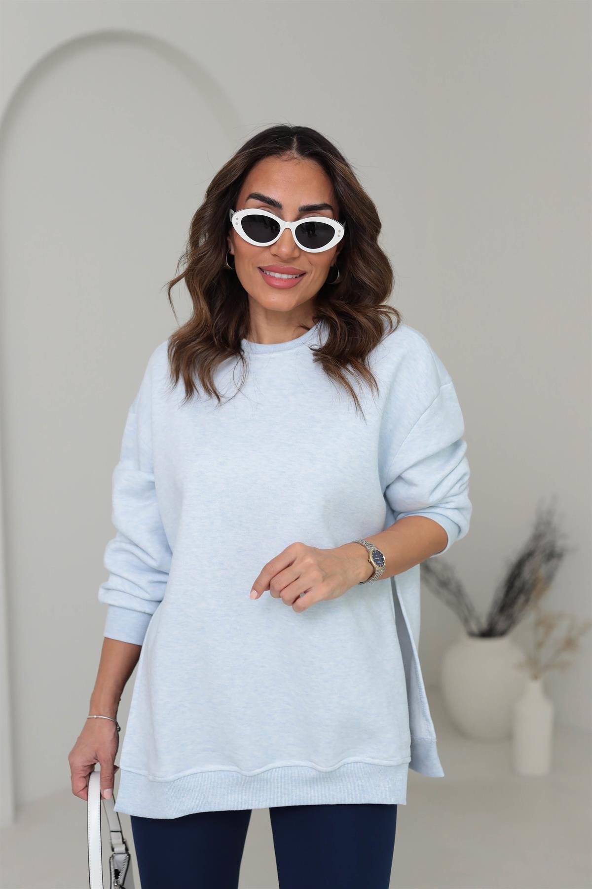 1000 Yanları Yırtmaç Detaylı Sweatshirt BEBE MAVİ