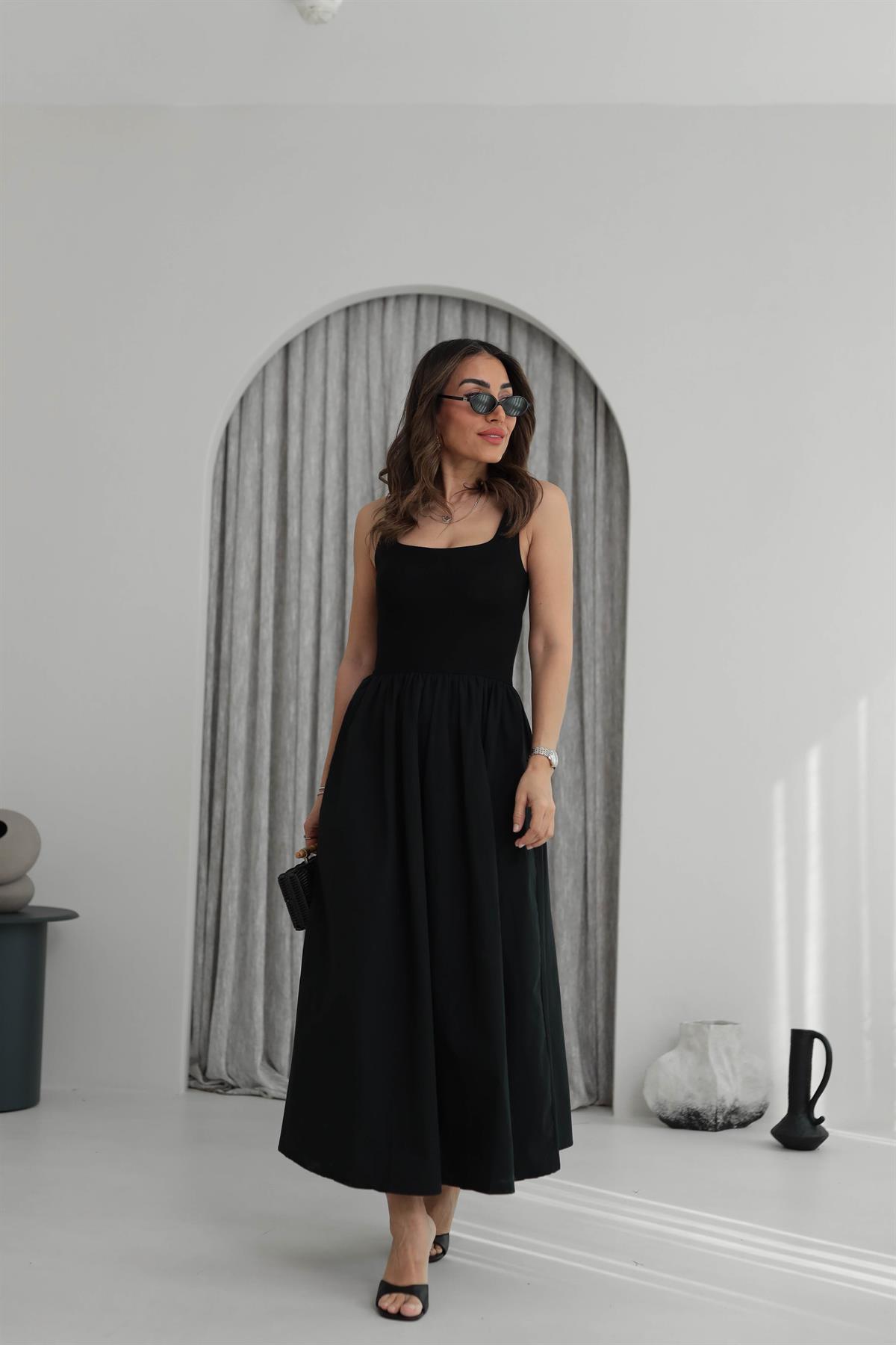 2073 Kare Yaka Askılı Parçalı Poplin Elbise SİYAH