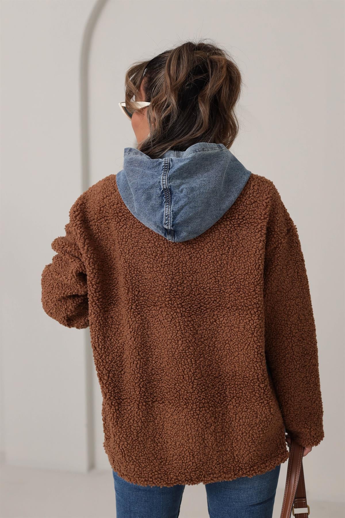 4163 Kot Garnili Kapşonlu Teddy Mont ACI KAHVE