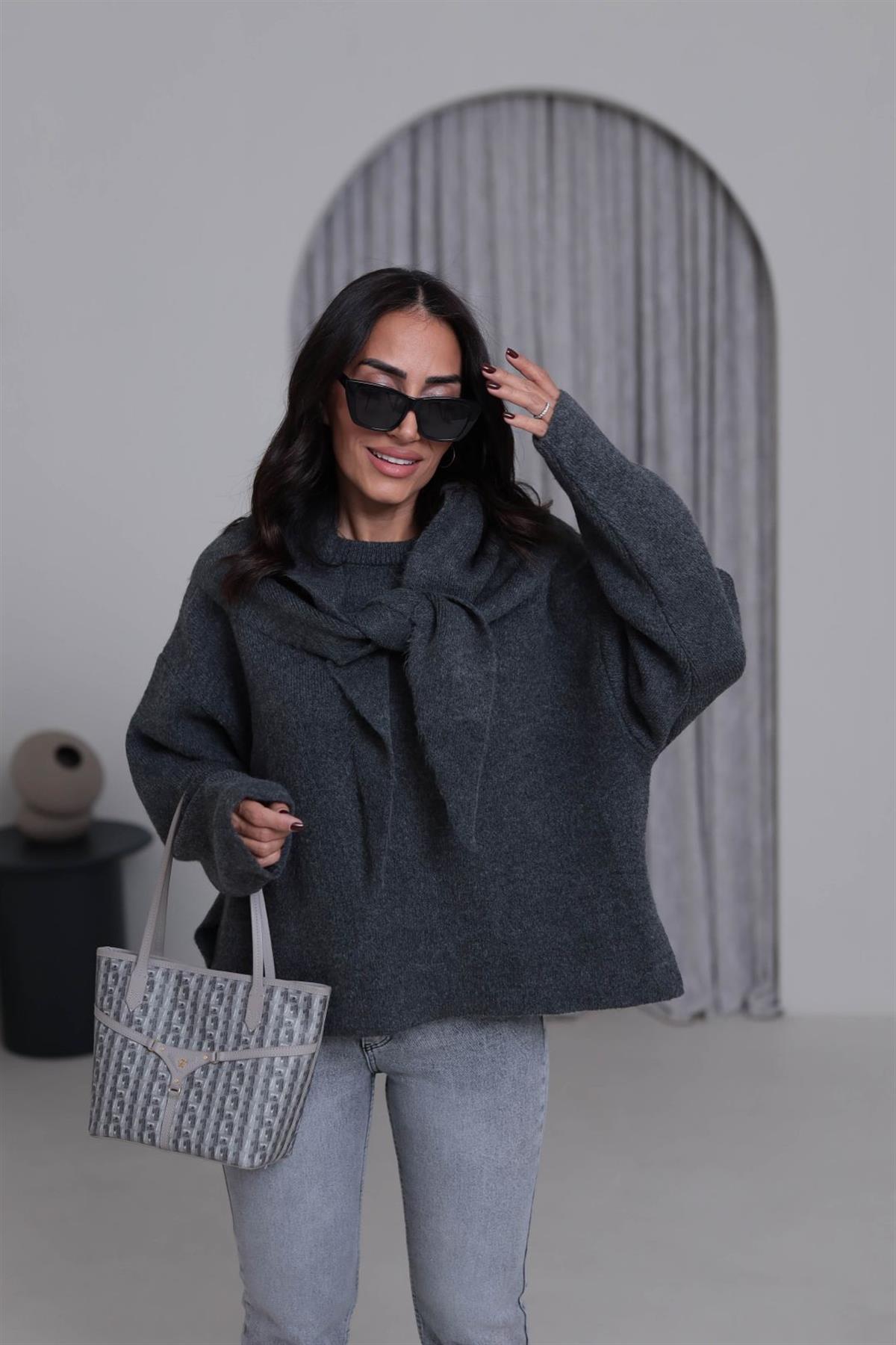 2567 Bisiklet Yaka Şal Detaylı Triko Kazak ANTRASİT