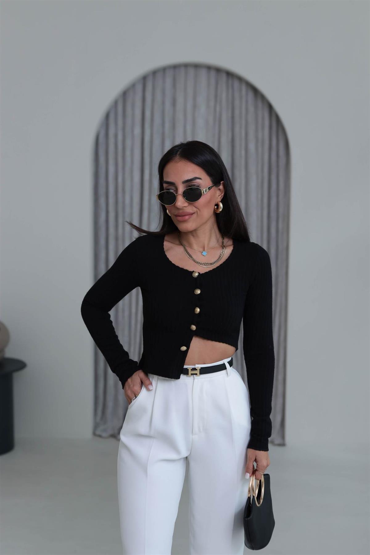 2074 Fitilli Triko Gold Düğmeli Hırka SİYAH