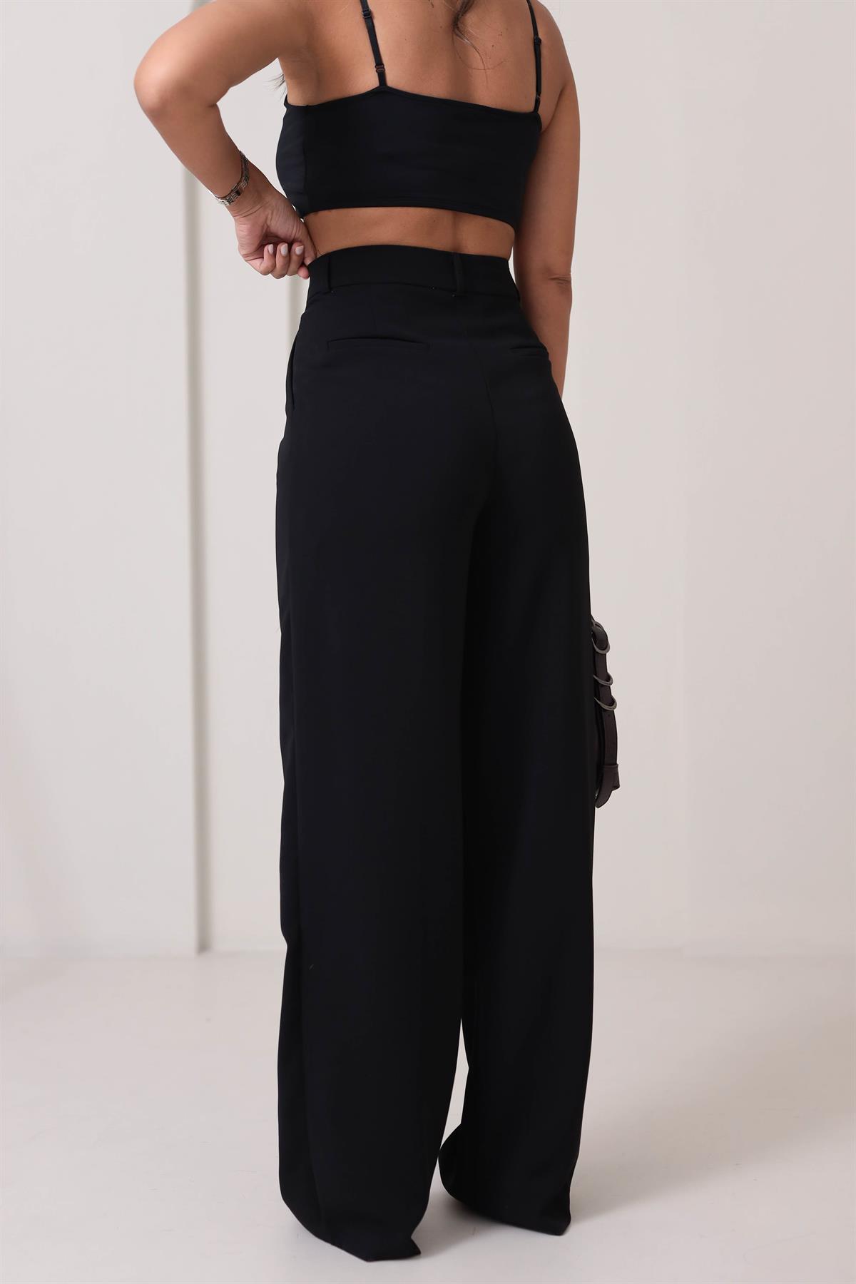 3317 Geniş Paça Detaylı Pantolon SİYAH