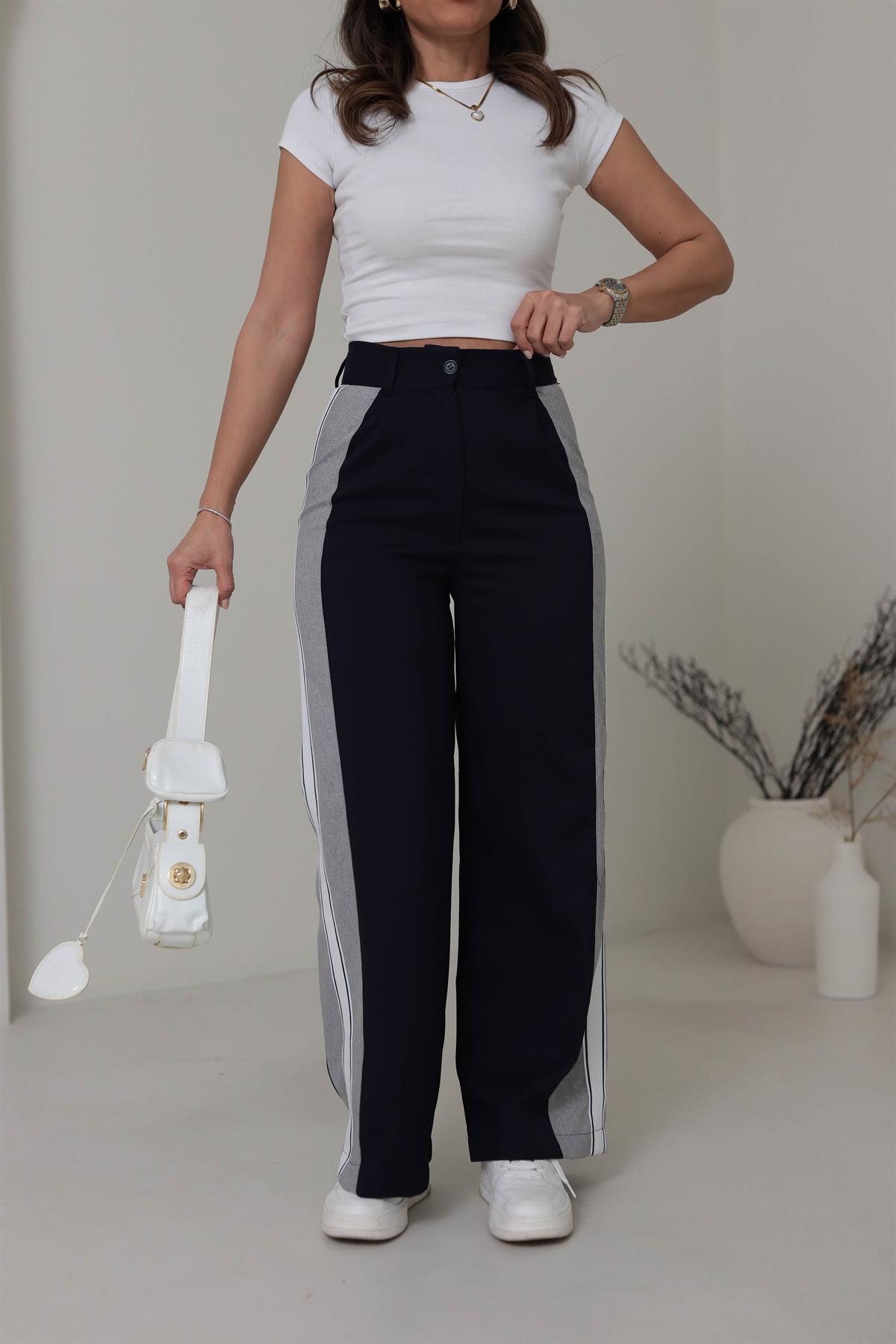 2000 Yanları Şerit Garnili Pantolon LACİVERT