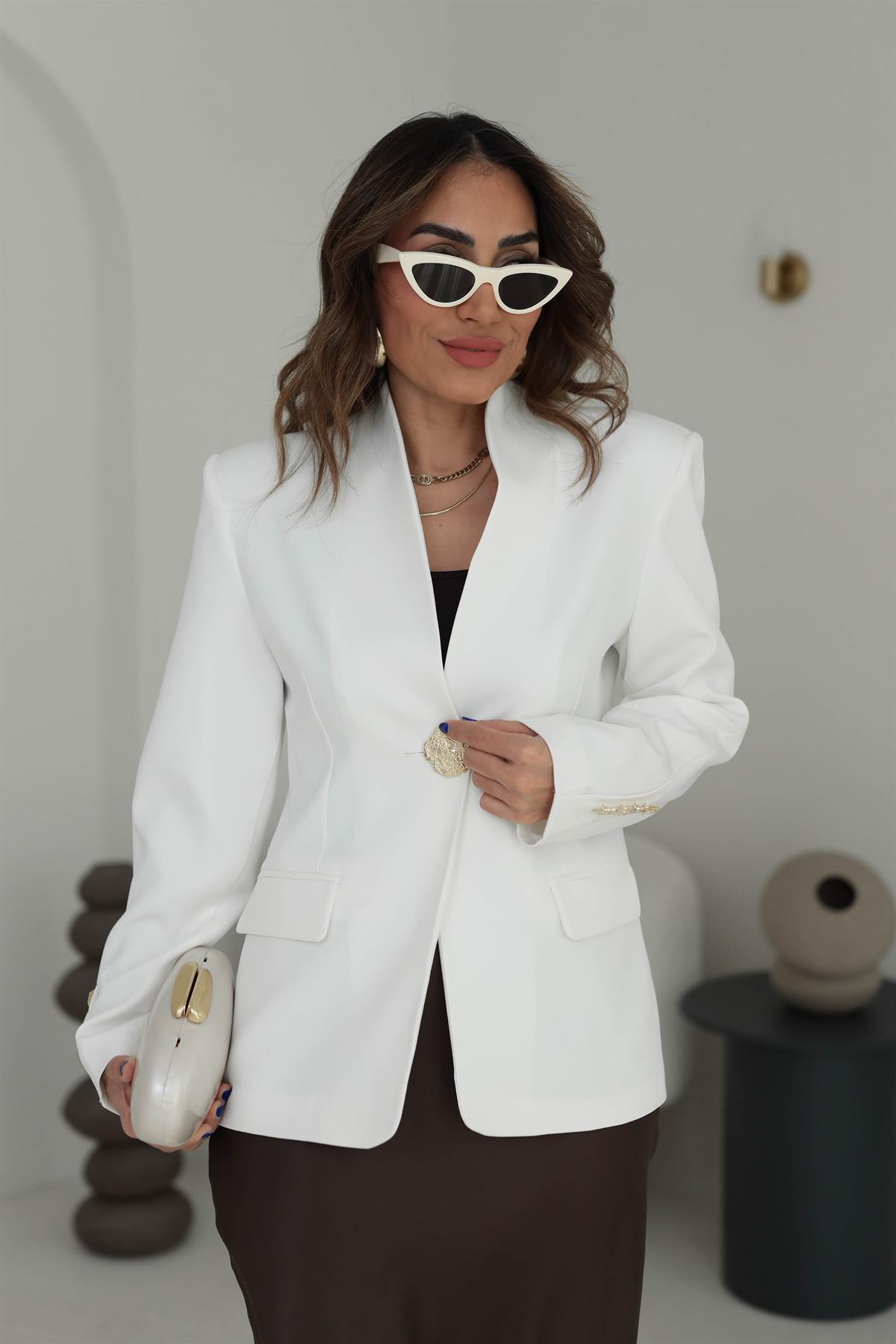 1171 Hakim Yaka Gold Düğme Detaylı Blazer Ceket EKRU