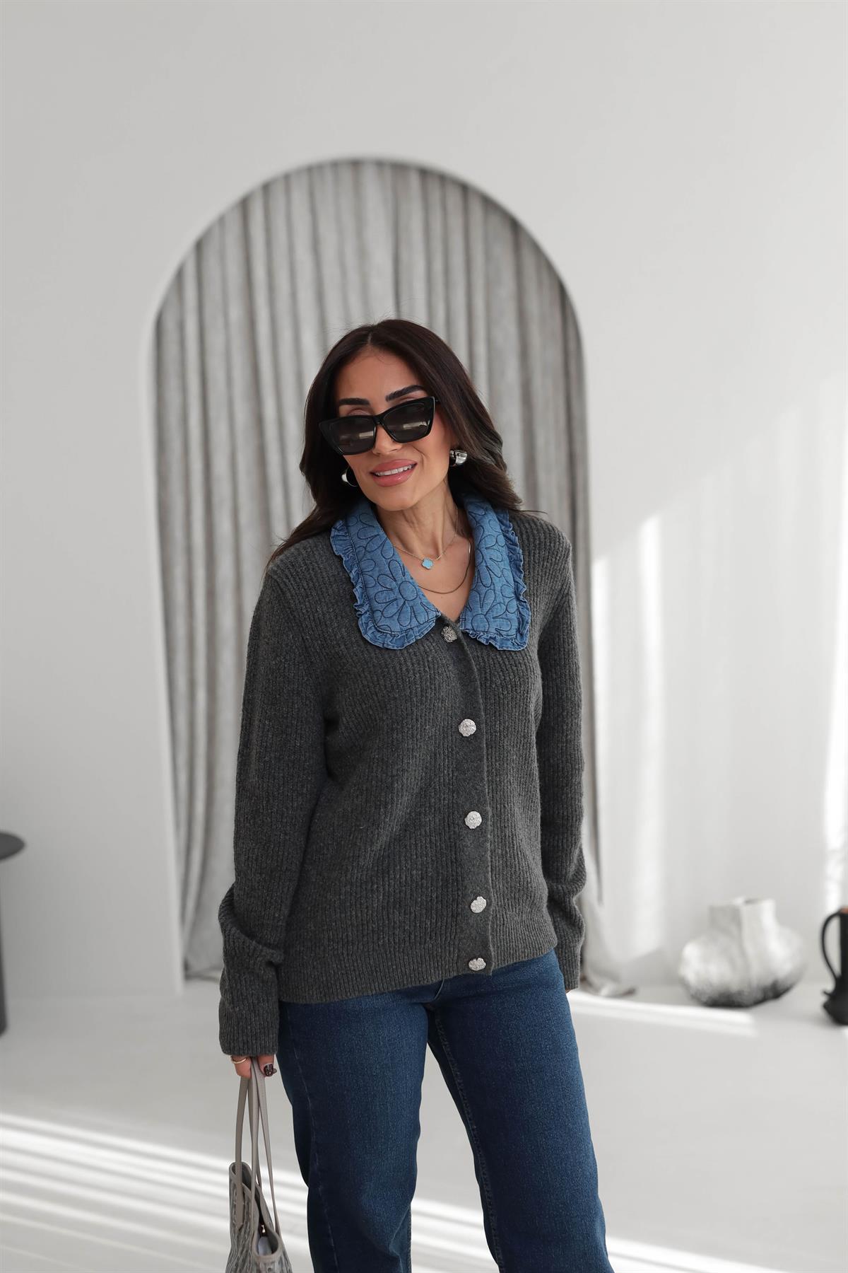 1105 Yakası Kapitone Kot Kumaş Detaylı Hırka GRİ