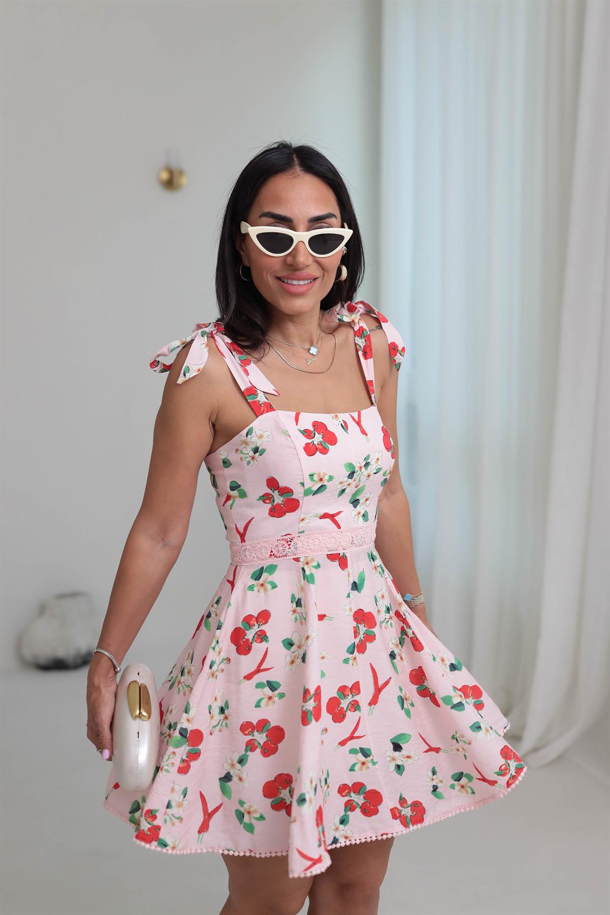 0408 Askıları Bağcıklı Desenli Elbise PEMBE