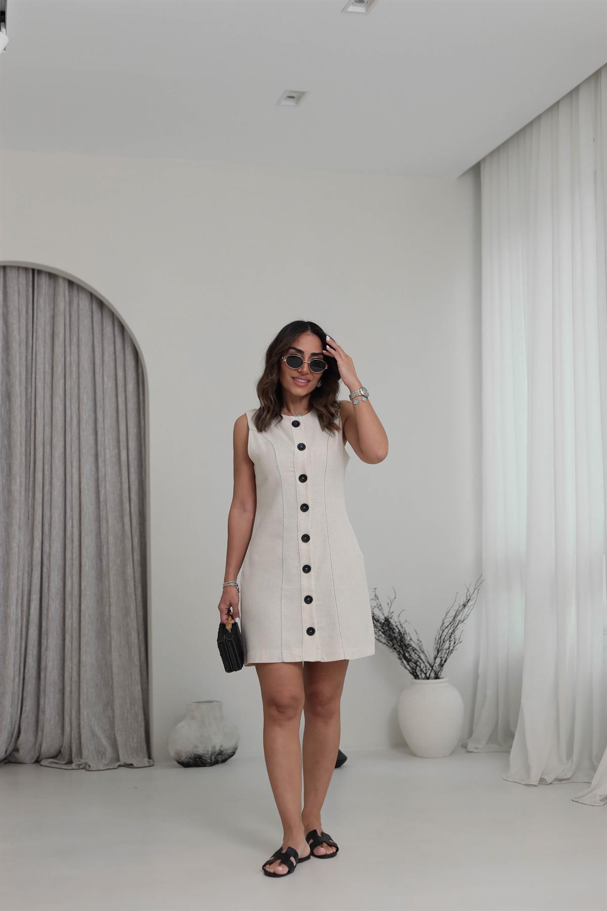 6452 Keten Düğmeli Elbise NATURAL