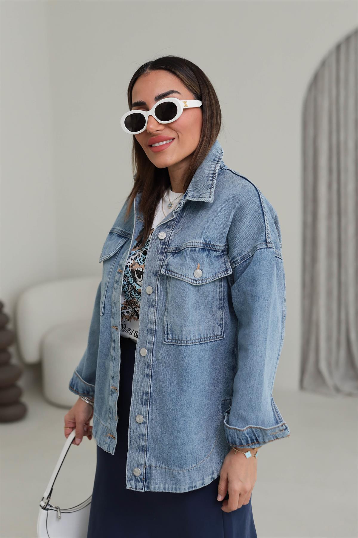 4745 Oval Etek Detaylı Denim Ceket AÇIK MAVİ