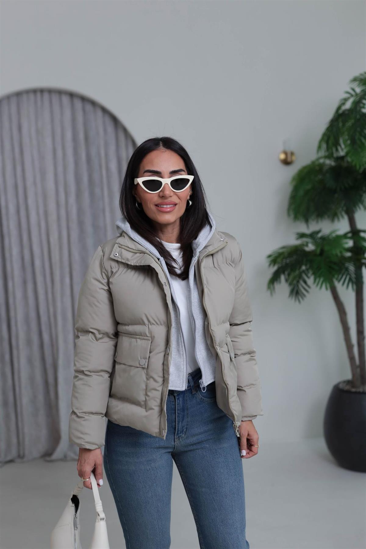 2148 Kapşonlu Şişme Mont BEJ