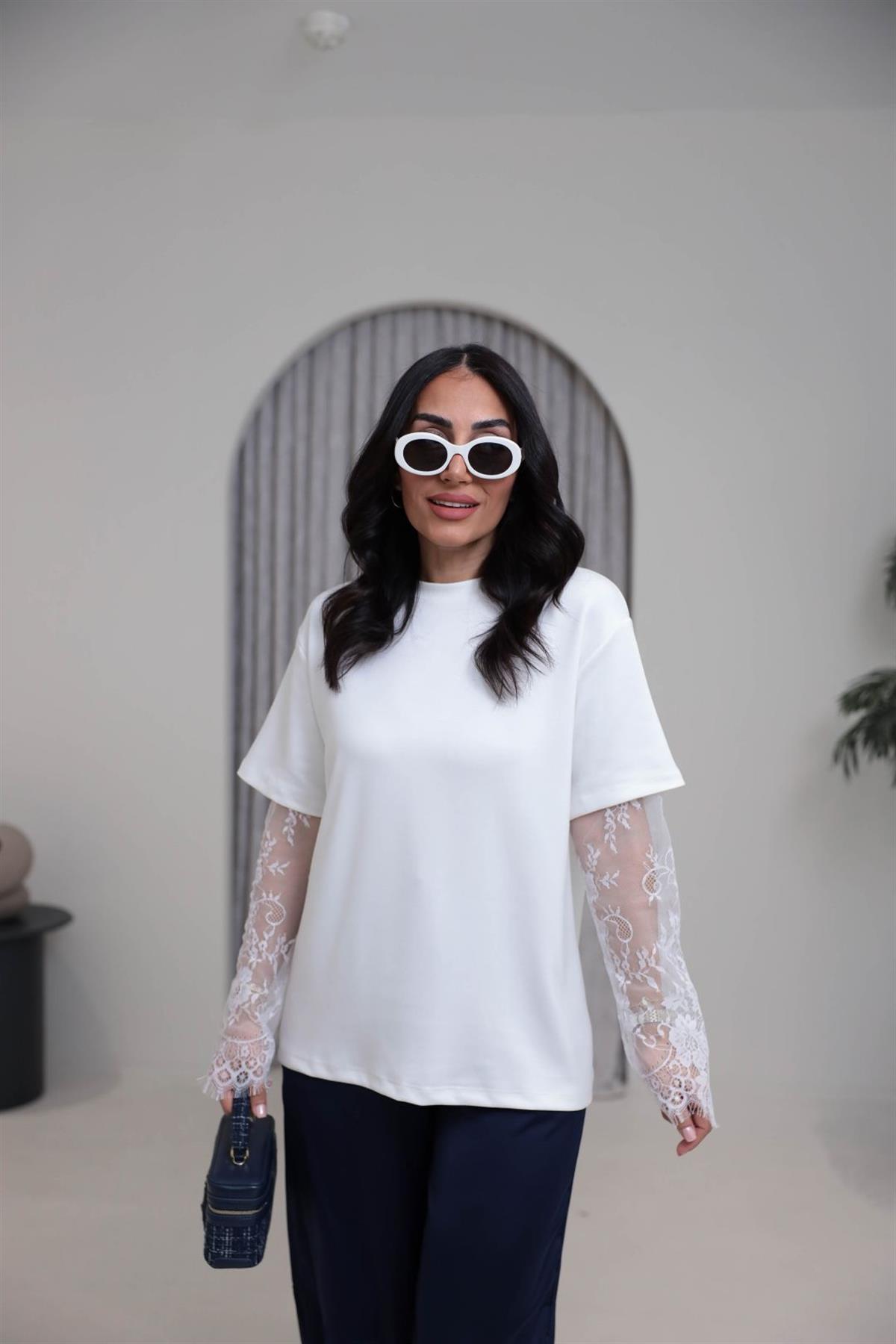 1049 Kolları Dantel Detaylı Modal Tshirt EKRU