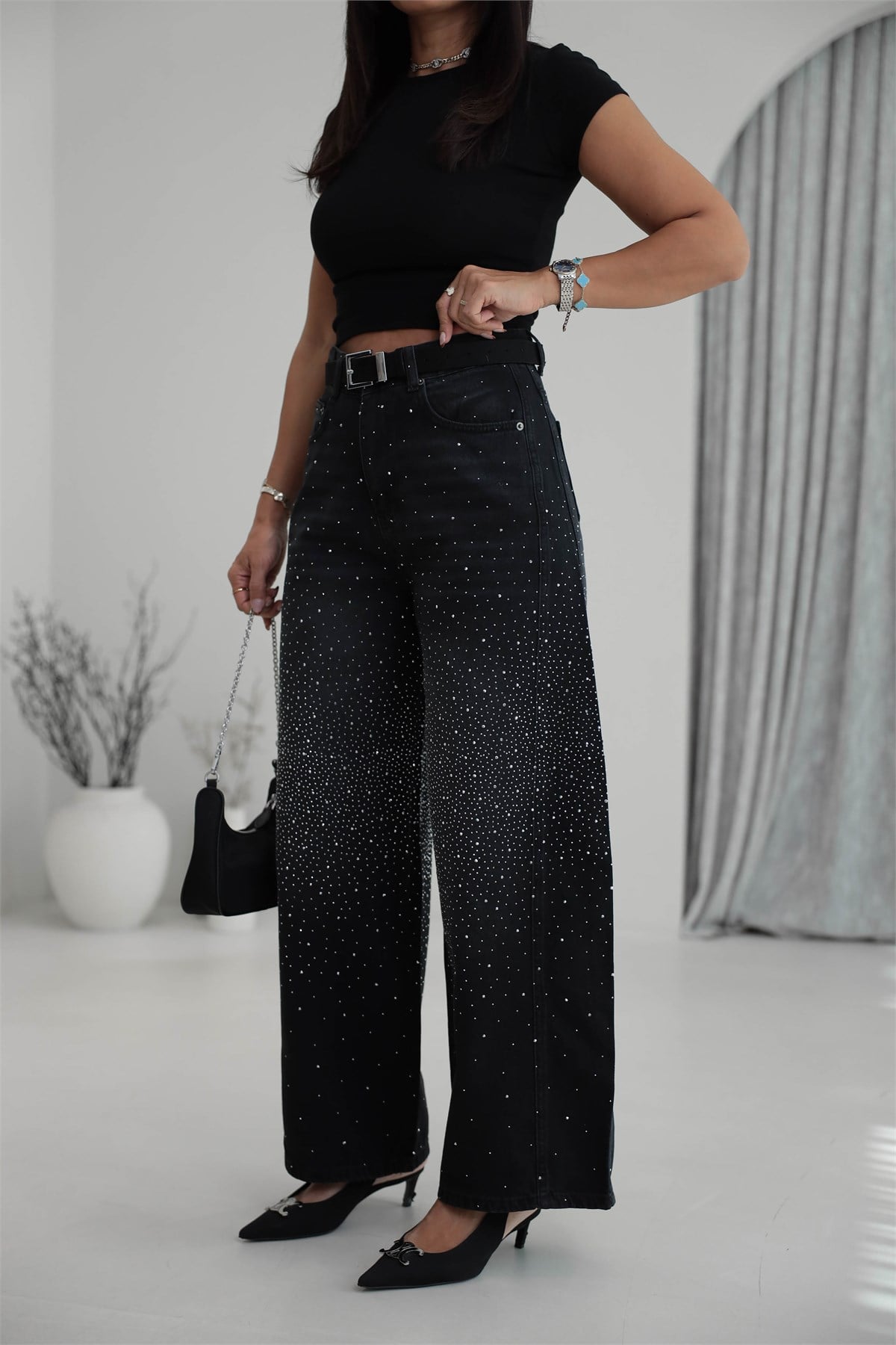 0108 Serpme Taşlı Geniş Paçalı Tencel Denim SİYAH